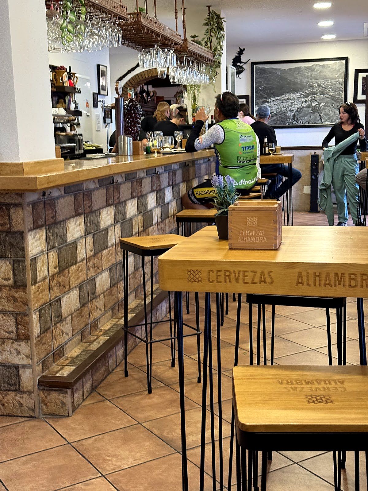 Inside Fiesta — the bar and the Cervezas Alhambra tables